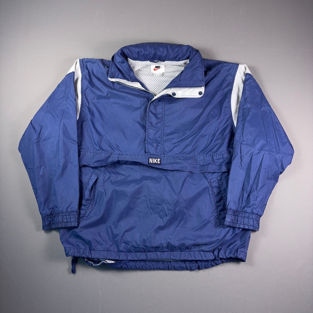 Vintage 90s Nike Anorak Windbreaker Jacket Blue White Packable Hood XL 696